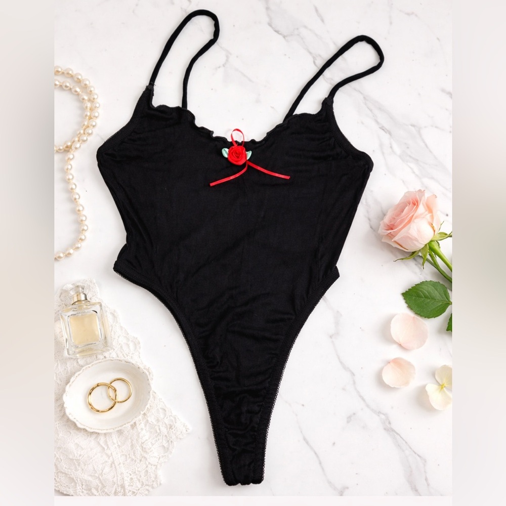 Vintage Juliara Black Teddy Bodysuit Rose Applique High Cut Size Small